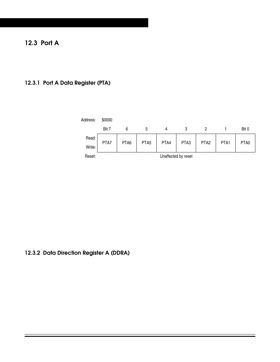 3 port a, 1 port a data register (pta), 2 data direction register a (ddra) | Port a, Port a data register (pta), Data direction register a (ddra) | Freescale Semiconductor MC68HC08KH12 User Manual | Page 186 / 262