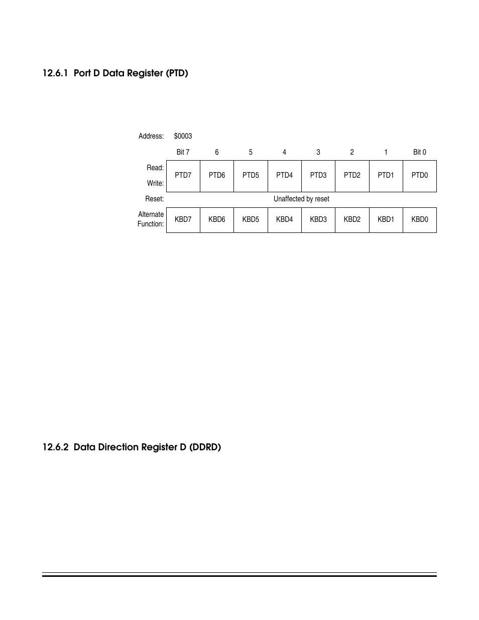 1 port d data register (ptd), 2 data direction register d (ddrd), Port d data register (ptd) | Data direction register d (ddrd), 10 port d data register (ptd) | Freescale Semiconductor MC68HC08KH12 User Manual | Page 193 / 262