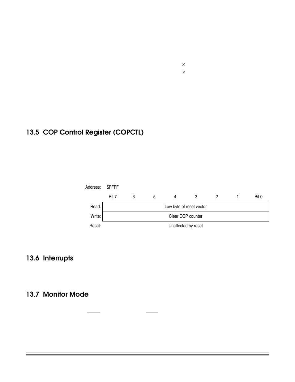 5 cop control register (copctl), 6 interrupts, 7 monitor mode | Cop control register (copctl), Interrupts, Monitor mode, See 13.5 cop, Control register (copctl), Clears the cop counter | Freescale Semiconductor MC68HC08KH12 User Manual | Page 211 / 262