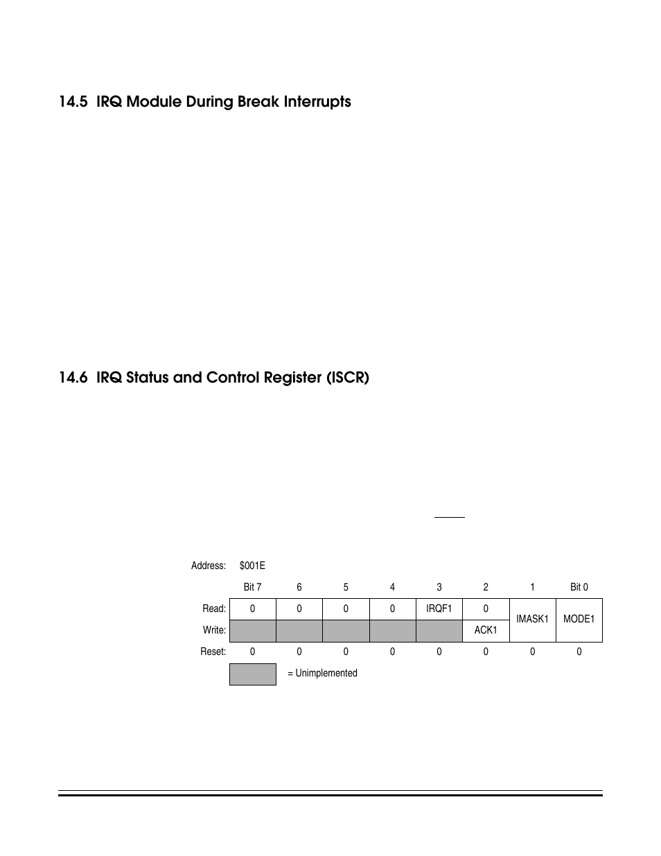 5 irq module during break interrupts, 6 irq status and control register (iscr), Irq module during break interrupts | Irq status and control register (iscr) | Freescale Semiconductor MC68HC08KH12 User Manual | Page 217 / 262