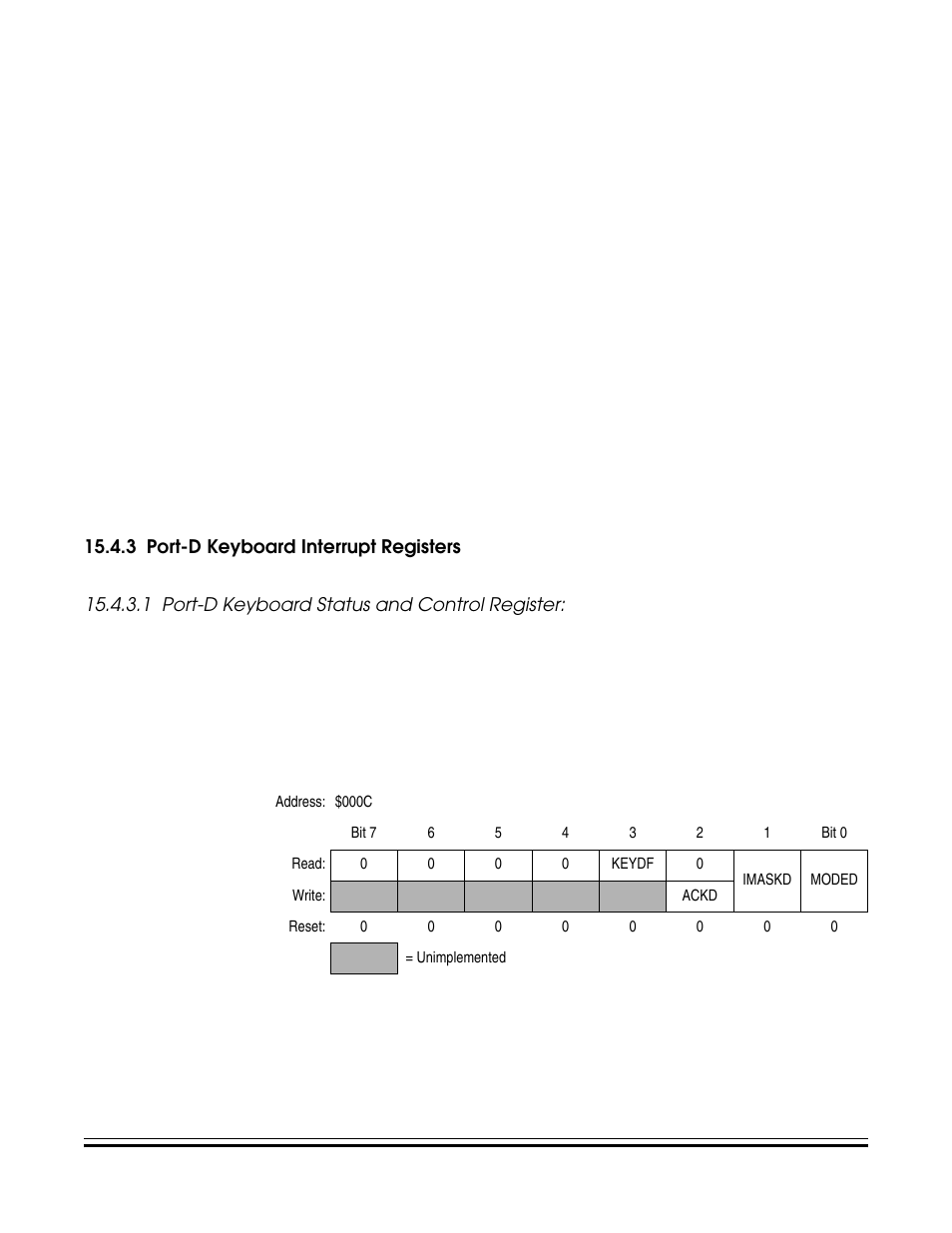 3 port-d keyboard interrupt registers, 1 port-d keyboard status and control register, Port-d keyboard interrupt registers | Port-d keyboard status and control register | Freescale Semiconductor MC68HC08KH12 User Manual | Page 225 / 262