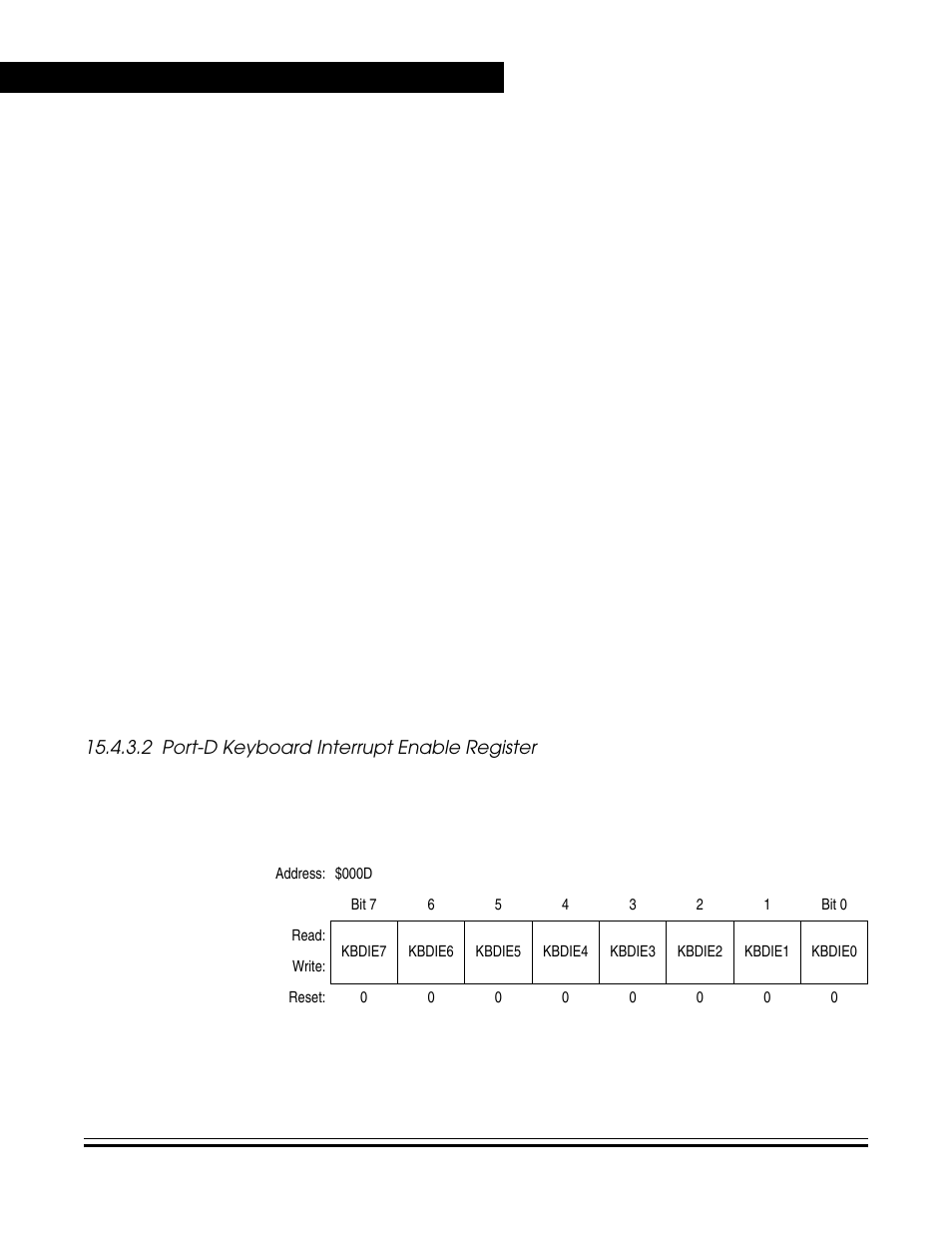 2 port-d keyboard interrupt enable register, Port-d keyboard interrupt enable register, Port-d keyboard interrupt enable register (kbdier) | Freescale Semiconductor MC68HC08KH12 User Manual | Page 226 / 262