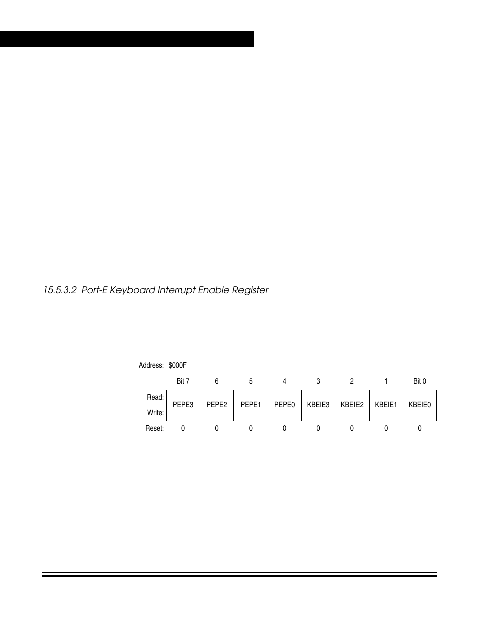 2 port-e keyboard interrupt enable register, Port-e keyboard interrupt enable register, Port-e keyboard interrupt enable register (kbeier) | Pin is configured as an input, See 15.5.3.2 port-e keyboard interrupt, Enable register | Freescale Semiconductor MC68HC08KH12 User Manual | Page 232 / 262