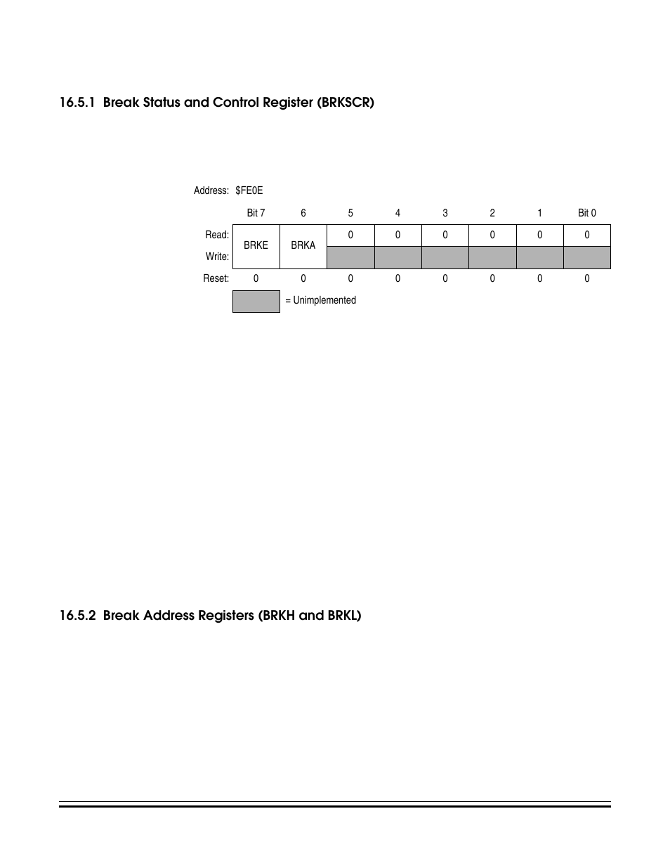 1 break status and control register (brkscr), 2 break address registers (brkh and brkl), Break status and control register (brkscr) | Break address registers (brkh and brkl) | Freescale Semiconductor MC68HC08KH12 User Manual | Page 245 / 262