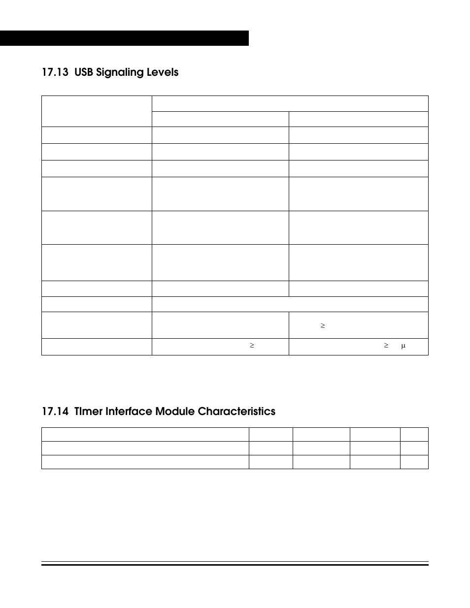 13 usb signaling levels, 14 timer interface module characteristics | Freescale Semiconductor MC68HC08KH12 User Manual | Page 256 / 262