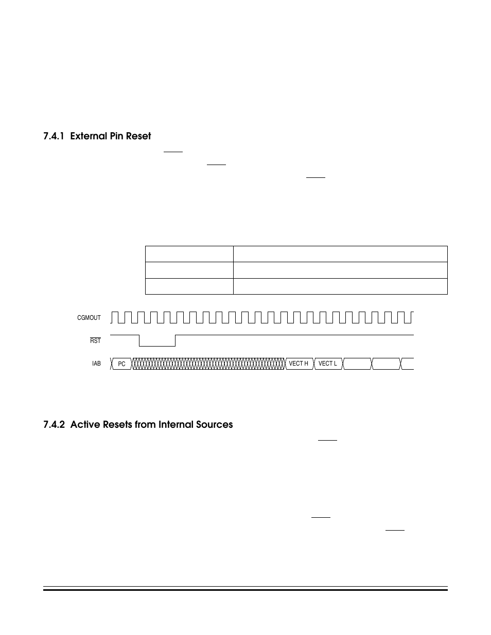 1 external pin reset, 2 active resets from internal sources, External pin reset | Active resets from internal sources, External reset timing, Pin bit set timing | Freescale Semiconductor MC68HC08KH12 User Manual | Page 67 / 262