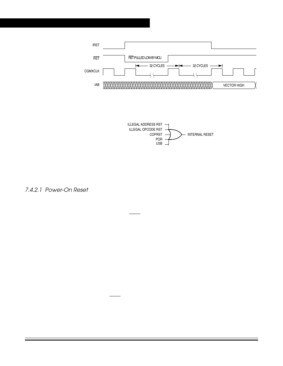 1 power-on reset, Power-on reset, Internal reset timing | Sources of internal reset, See figure 7, An internal reset can be caused by, See figure 7-6. sources of internal reset, Figure 7-5 | Freescale Semiconductor MC68HC08KH12 User Manual | Page 68 / 262