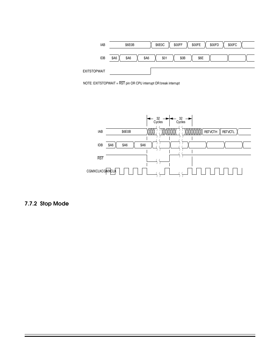 2 stop mode, Stop mode, Wait recovery from interrupt or break | Wait recovery from internal reset, See 7.7.2 stop mode, Figure 7-16, Figure 7-17, Show the timing for wait recovery | Freescale Semiconductor MC68HC08KH12 User Manual | Page 81 / 262