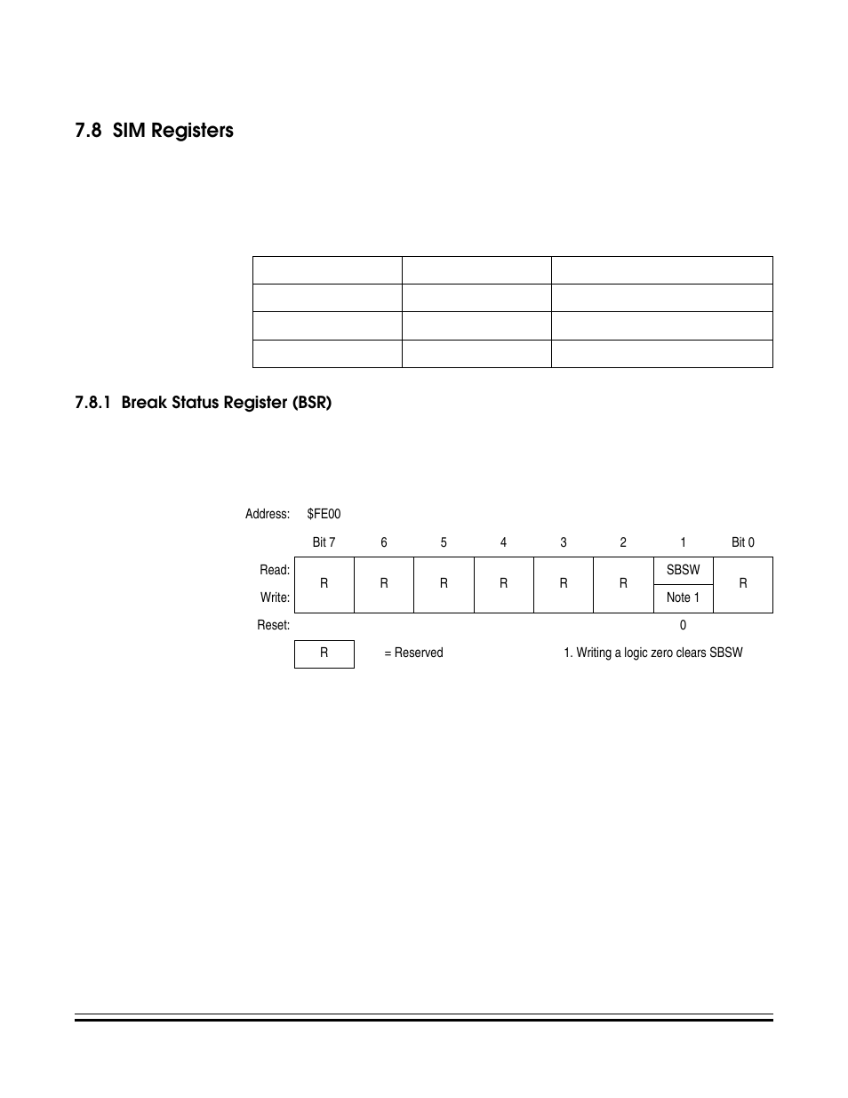 8 sim registers, 1 break status register (bsr), Sim registers | Break status register (bsr), See 7.8 sim registers | Freescale Semiconductor MC68HC08KH12 User Manual | Page 83 / 262