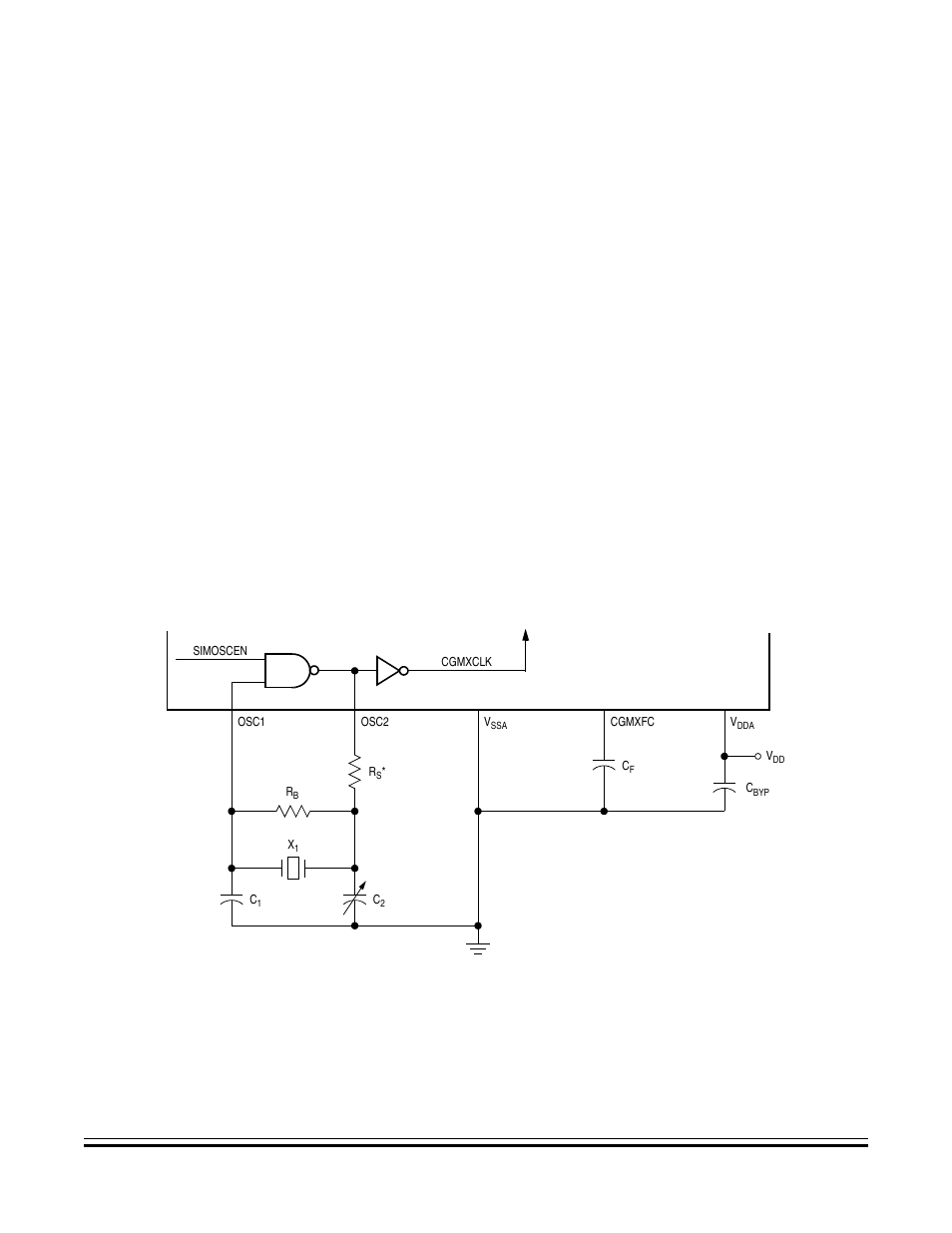 Cgm external connections, Configuration, as shown in, Figure 8-2 | Tuning capacitor, c, Series resistor, r, Optional) the series resistor (r, Filter capacitor, c | Freescale Semiconductor MC68HC08KH12 User Manual | Page 97 / 262