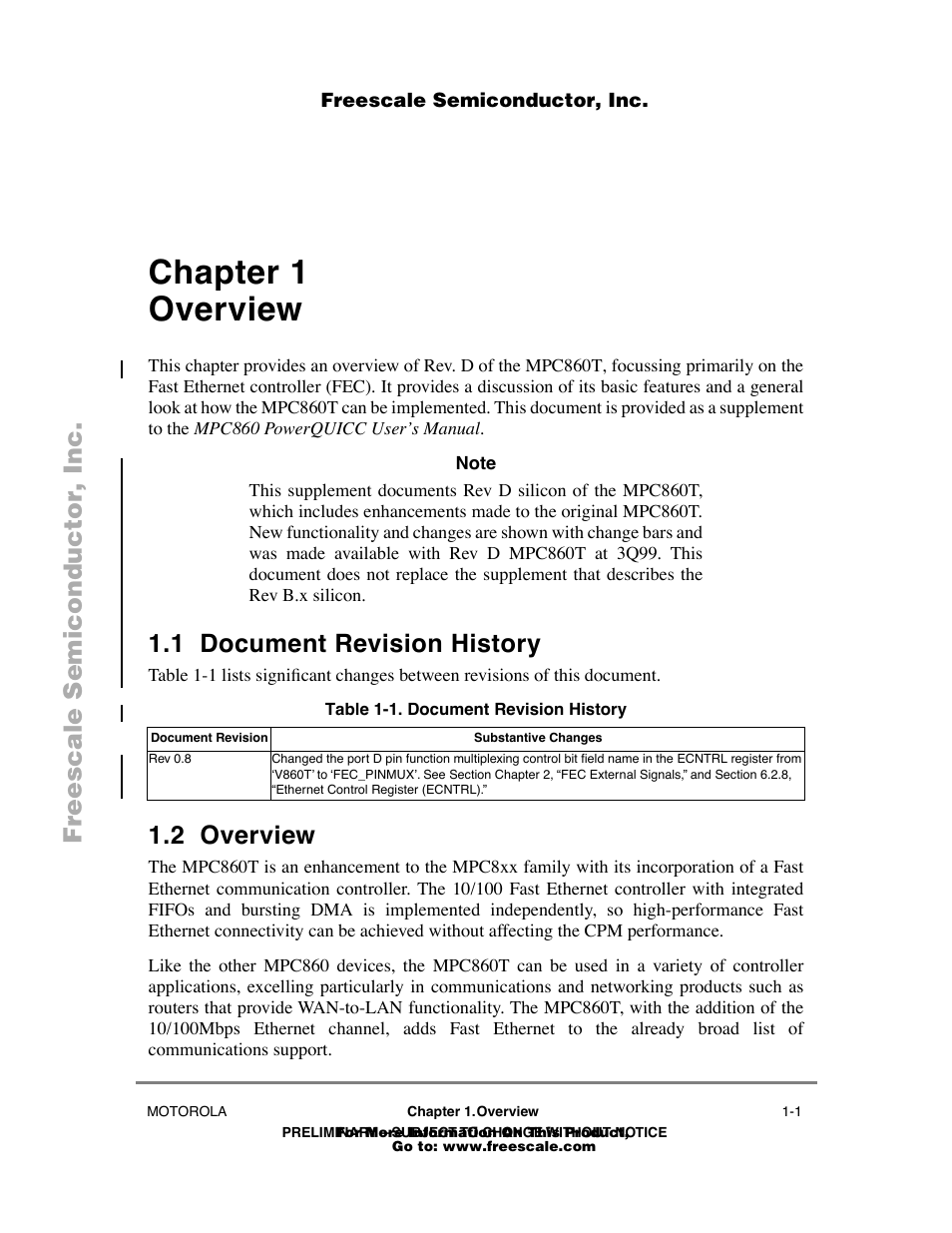 Chapter1 overview, 1 document revision history, Table11 . document revision history | 2 overview, Chapter 1, Overview, Document revision history -1, Overview -1, Chapter 1 overview | Freescale Semiconductor POWERPC MPC860T User Manual | Page 11 / 68