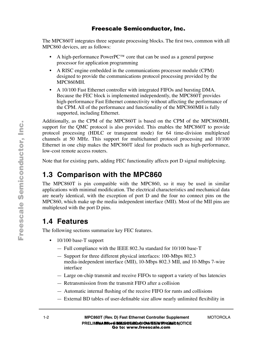 3 comparison with the mpc860, 4 features, Comparison with the mpc860 -2 | Features -2 | Freescale Semiconductor POWERPC MPC860T User Manual | Page 12 / 68