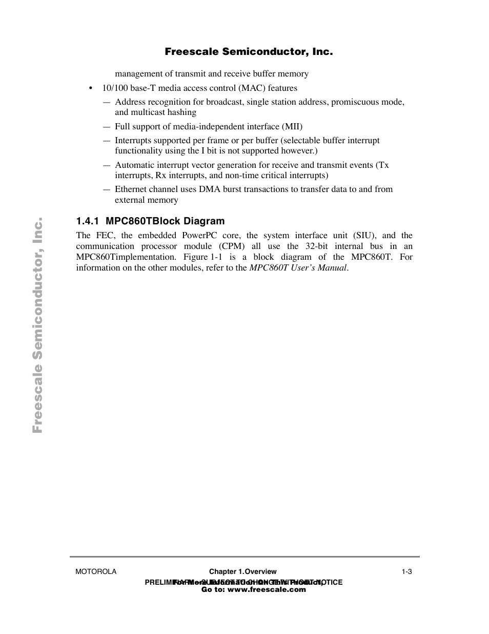 1 mpc860tblock diagram, Mpc860tblock diagram -3 | Freescale Semiconductor POWERPC MPC860T User Manual | Page 13 / 68