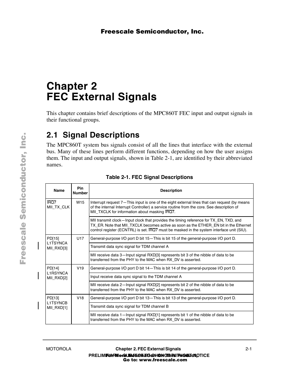 Chapter2 fec external signals, 1 signal descriptions, Table21 . fec signal descriptions | Chapter 2, Fec external signals, Signal descriptions -1, Fec signal descriptions -1, Chapter 2 fec external signals | Freescale Semiconductor POWERPC MPC860T User Manual | Page 17 / 68