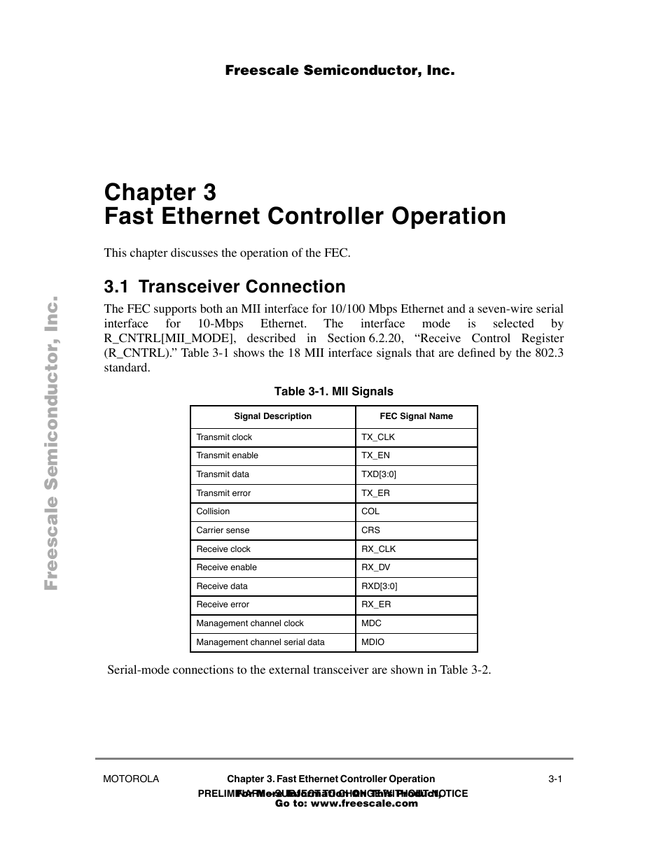 Chapter3 fast ethernet controller operation, 1 transceiver connection, Table31 . mii signals | Chapter 3, Fast ethernet controller operation, Transceiver connection -1, Mii signals -1, Chapter 3 fast ethernet controller operation | Freescale Semiconductor POWERPC MPC860T User Manual | Page 21 / 68