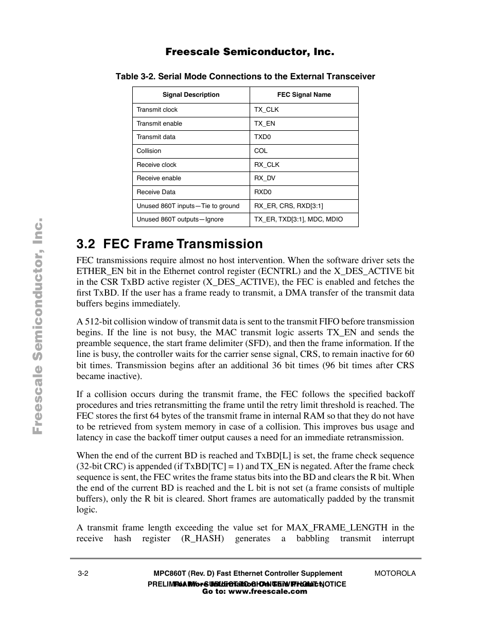 2 fec frame transmission, Fec frame transmission -2, Wn in table 3-2 | Freescale Semiconductor POWERPC MPC860T User Manual | Page 22 / 68