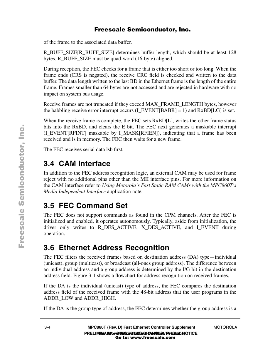 4 cam interface, 5 fec command set, 6 ethernet address recognition | Cam interface -4, Fec command set -4, Ethernet address recognition -4 | Freescale Semiconductor POWERPC MPC860T User Manual | Page 24 / 68