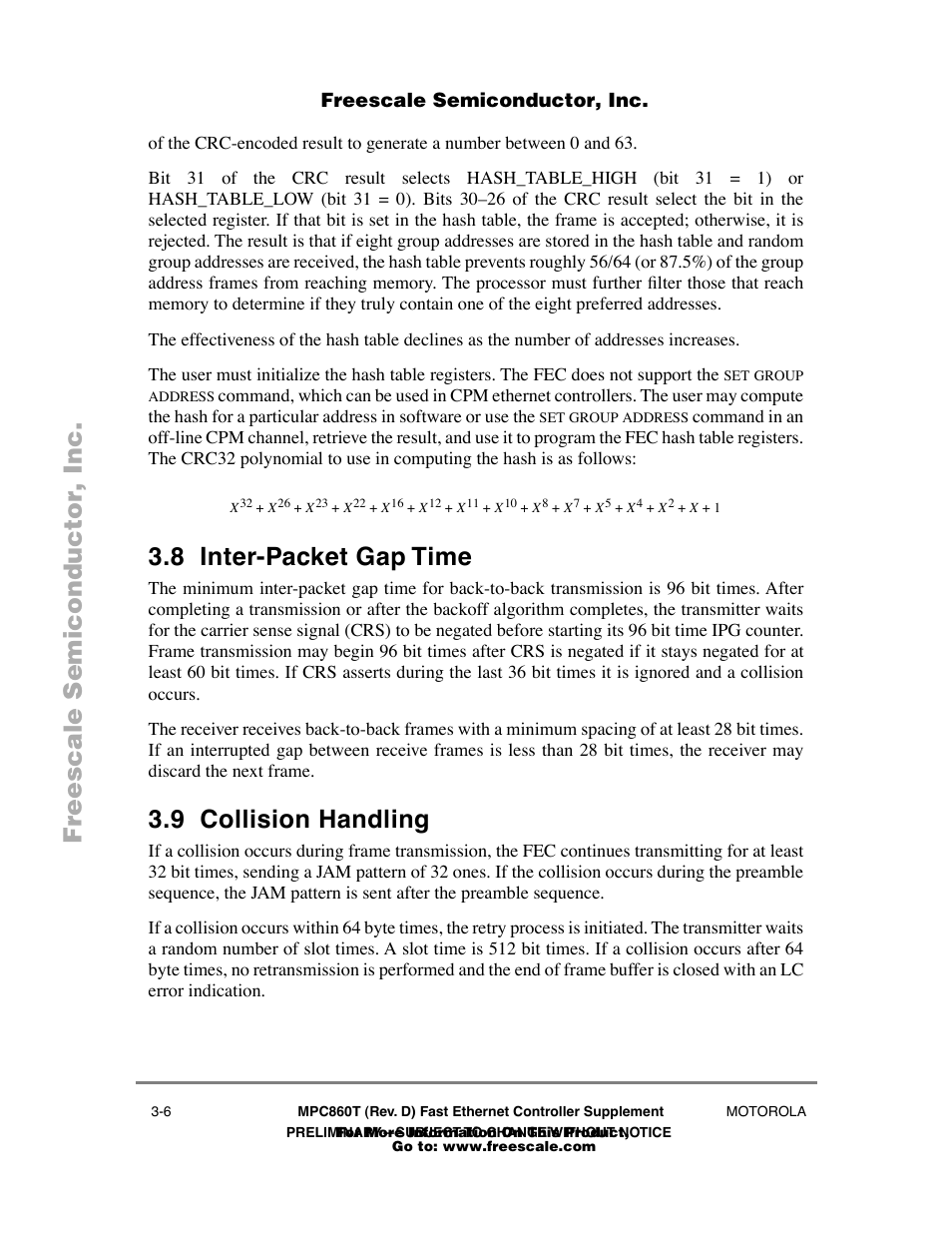 8 inter-packet gap time, 9 collision handling, Inter-packet gap time -6 | Collision handling -6 | Freescale Semiconductor POWERPC MPC860T User Manual | Page 26 / 68