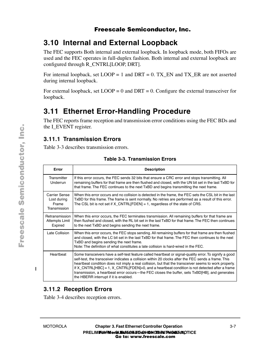 10 internal and external loopback, 11 ethernet error-handling procedure, 1 transmission errors | Table33 . transmission errors, 2 reception errors, Internal and external loopback -7, Ethernet error-handling procedure -7, Transmission errors -7, Reception errors -7, Receive control register (r_cntrl) -19 | Freescale Semiconductor POWERPC MPC860T User Manual | Page 27 / 68