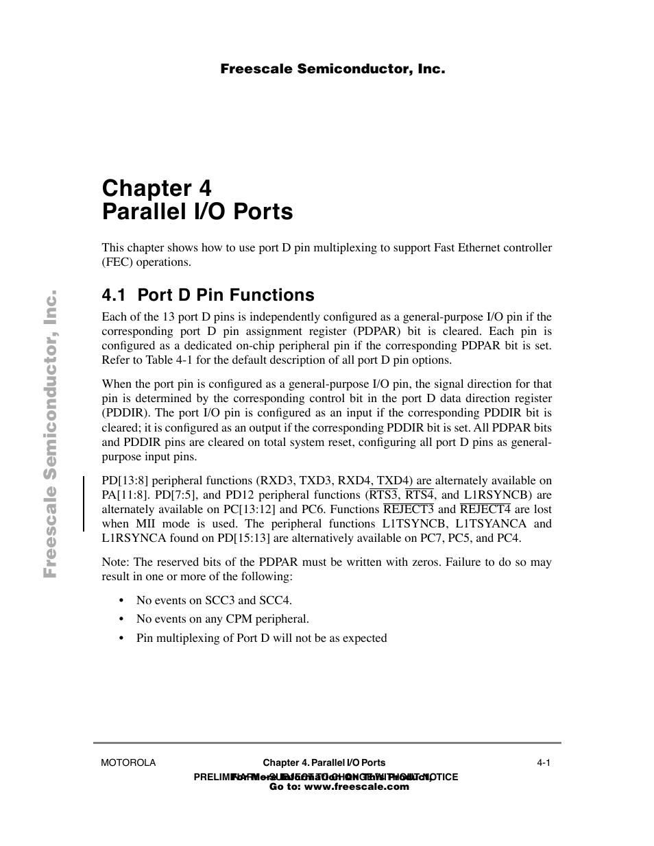 Chapter4 parallel i/o ports, 1 port d pin functions, Chapter 4 | Parallel i/o ports, Port d pin functions -1, Chapter 4 parallel i/o ports | Freescale Semiconductor POWERPC MPC860T User Manual | Page 29 / 68