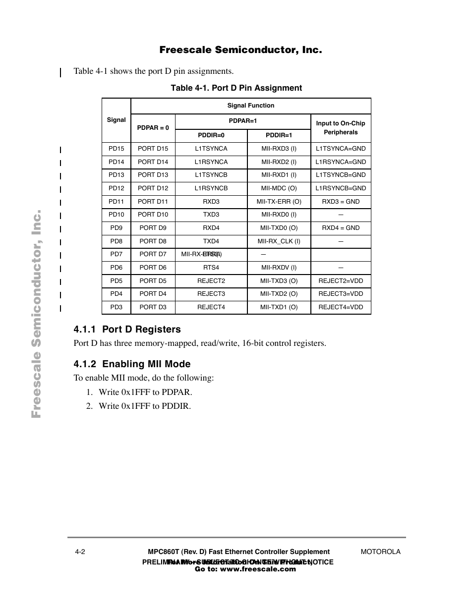 Table41 . port d pin assignment, 1 port d registers, 2 enabling mii mode | Port d registers -2, Enabling mii mode -2, Port d pin assignment -2, Freescale semiconductor, inc | Freescale Semiconductor POWERPC MPC860T User Manual | Page 30 / 68