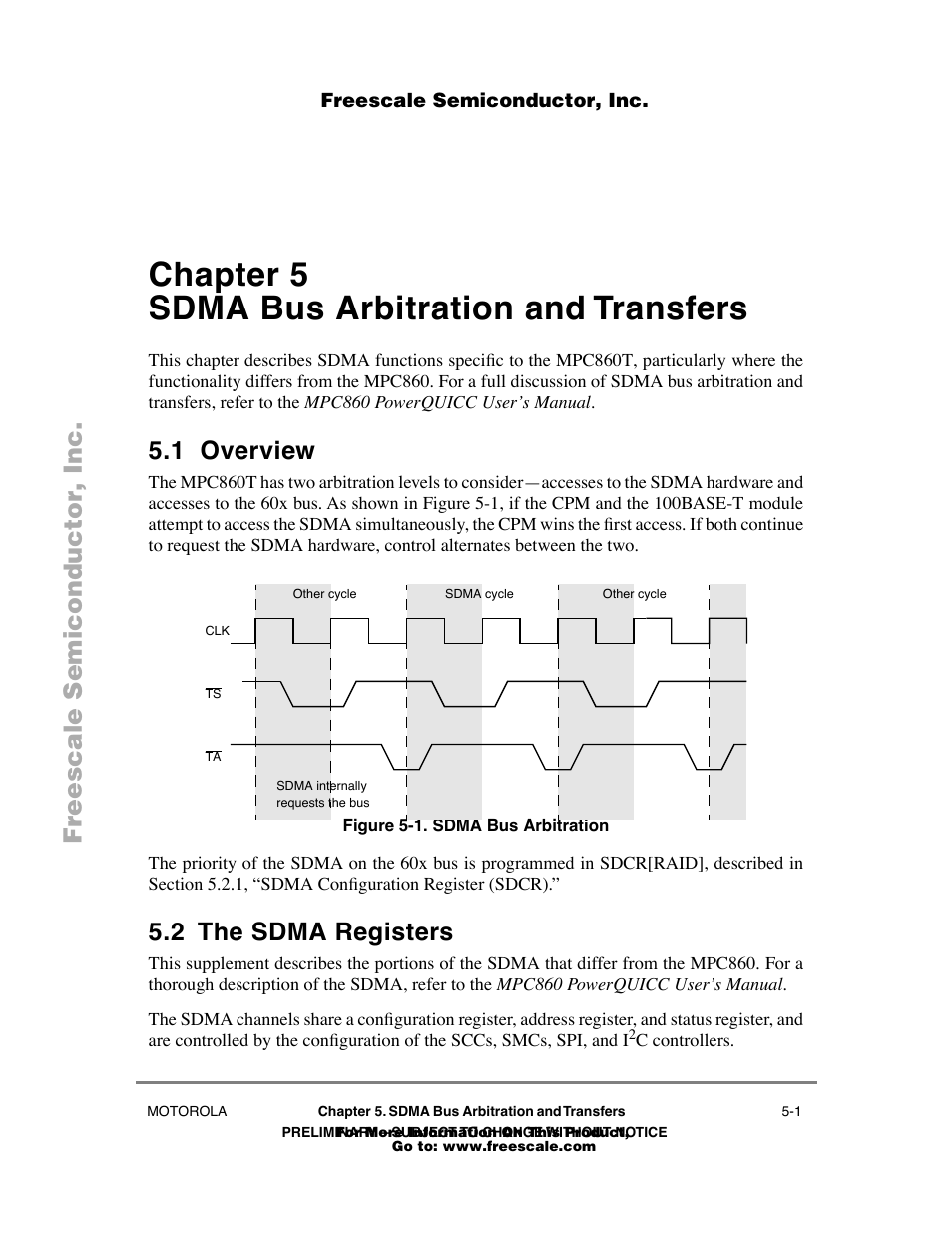 Chapter5 sdma bus arbitration and transfers, 1 overview, Figure51 . sdma bus arbitration | 2 the sdma registers, Chapter 5, Sdma bus arbitration and transfers, Overview -1, The sdma registers -1, Sdma bus arbitration -1, Chapter 5 sdma bus arbitration and transfers | Freescale Semiconductor POWERPC MPC860T User Manual | Page 31 / 68