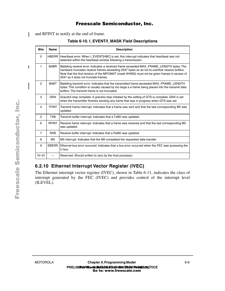 Table610 . i_event/i_mask field descriptions, 10 ethernet interrupt vector register (ivec), Ethernet interrupt vector register (ivec) -9 | I_event/i_mask field descriptions -9 | Freescale Semiconductor POWERPC MPC860T User Manual | Page 41 / 68
