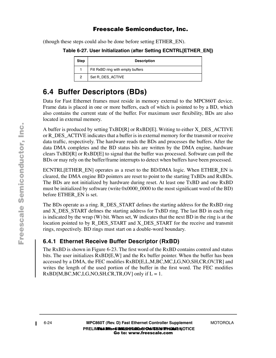 4 buffer descriptors (bds), 1 ethernet receive buffer descriptor (rxbd), Buffer descriptors (bds) -24 | Ethernet receive buffer descriptor (rxbd) -24 | Freescale Semiconductor POWERPC MPC860T User Manual | Page 56 / 68