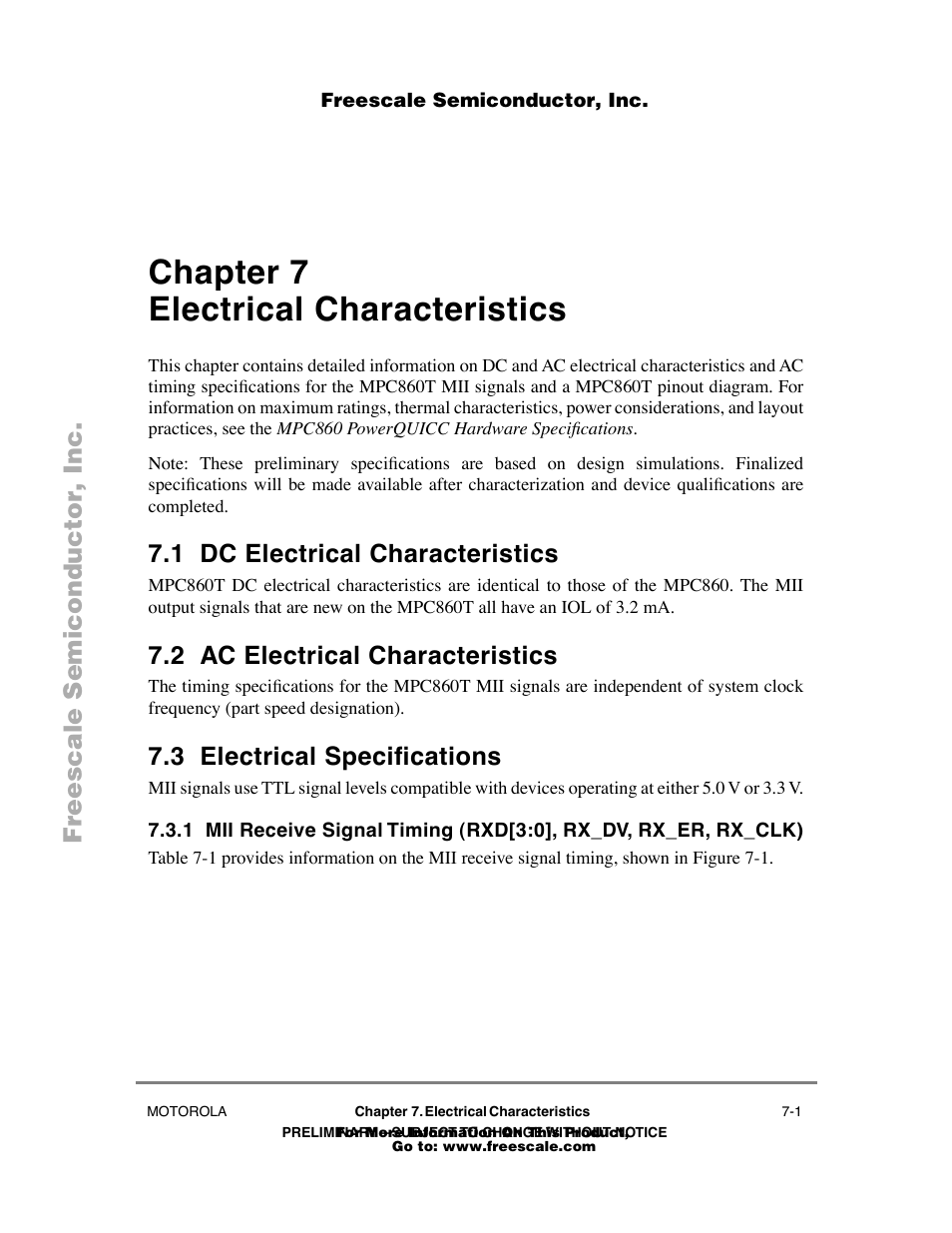 Chapter7 electrical characteristics, 1 dc electrical characteristics, 2 ac electrical characteristics | 3 electrical specifications, Chapter 7, Electrical characteristics, Dc electrical characteristics -1, Ac electrical characteristics -1, Electrical specifications -1, Chapter 7 electrical characteristics | Freescale Semiconductor POWERPC MPC860T User Manual | Page 61 / 68