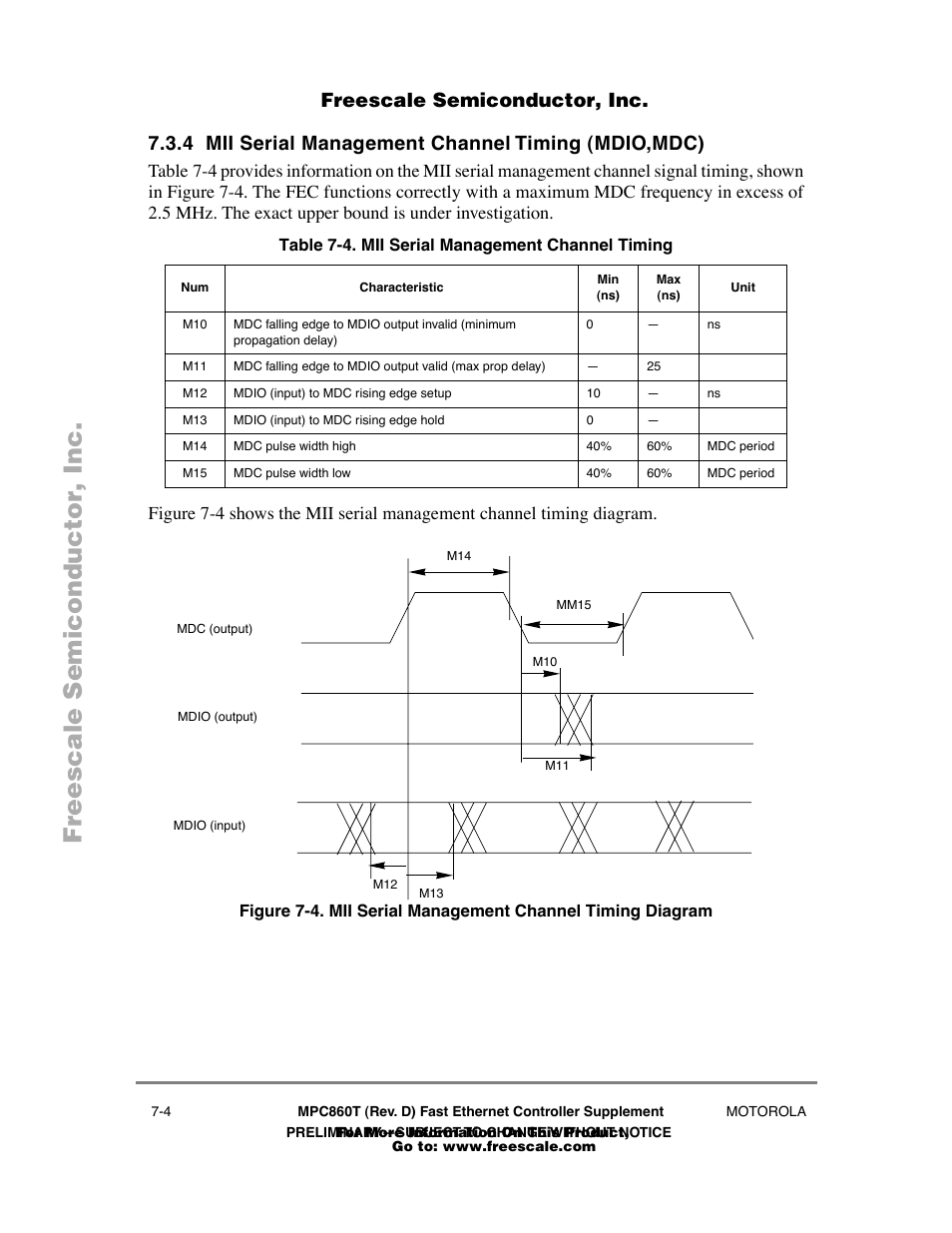 4 mii serial management channel timing (mdio,mdc), Table74 . mii serial management channel timing, Mii serial management channel timing (mdio,mdc) -4 | Mii serial management channel timing diagram -4, Mii serial management channel timing -4 | Freescale Semiconductor POWERPC MPC860T User Manual | Page 64 / 68