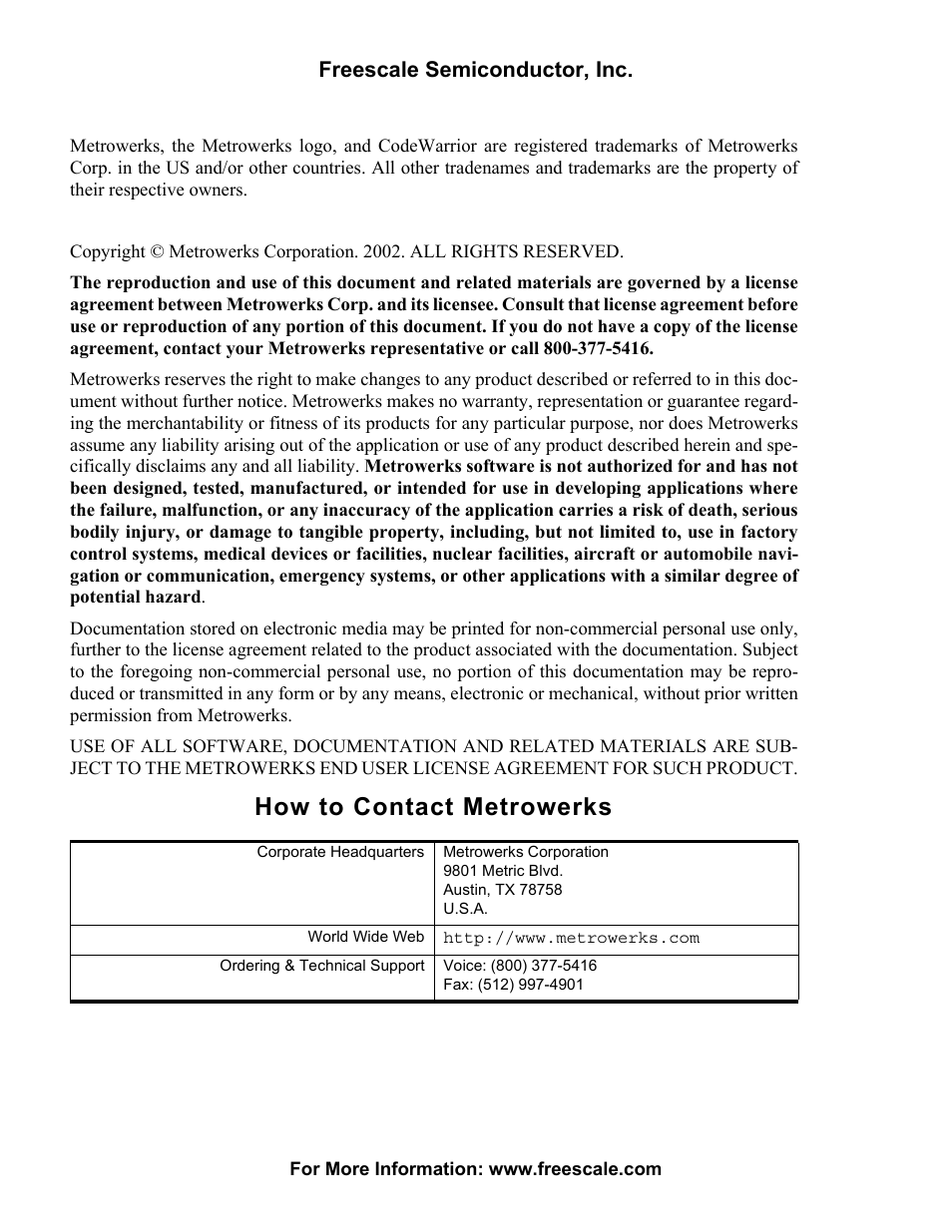 How to contact metrowerks, Freescale semiconductor, inc | Freescale Semiconductor Target Interface MMDS0508 User Manual | Page 2 / 86
