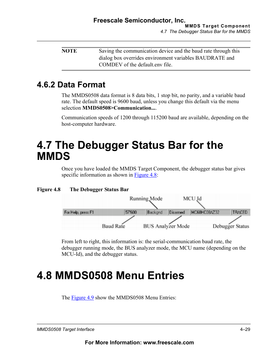 2 data format, 7 the debugger status bar for the mmds, 8 mmds0508 menu entries | Data format, The debugger status bar for the mmds, Mmds0508 menu entries, 7 the debugger status bar for the mmds, 2 data format | Freescale Semiconductor Target Interface MMDS0508 User Manual | Page 29 / 86