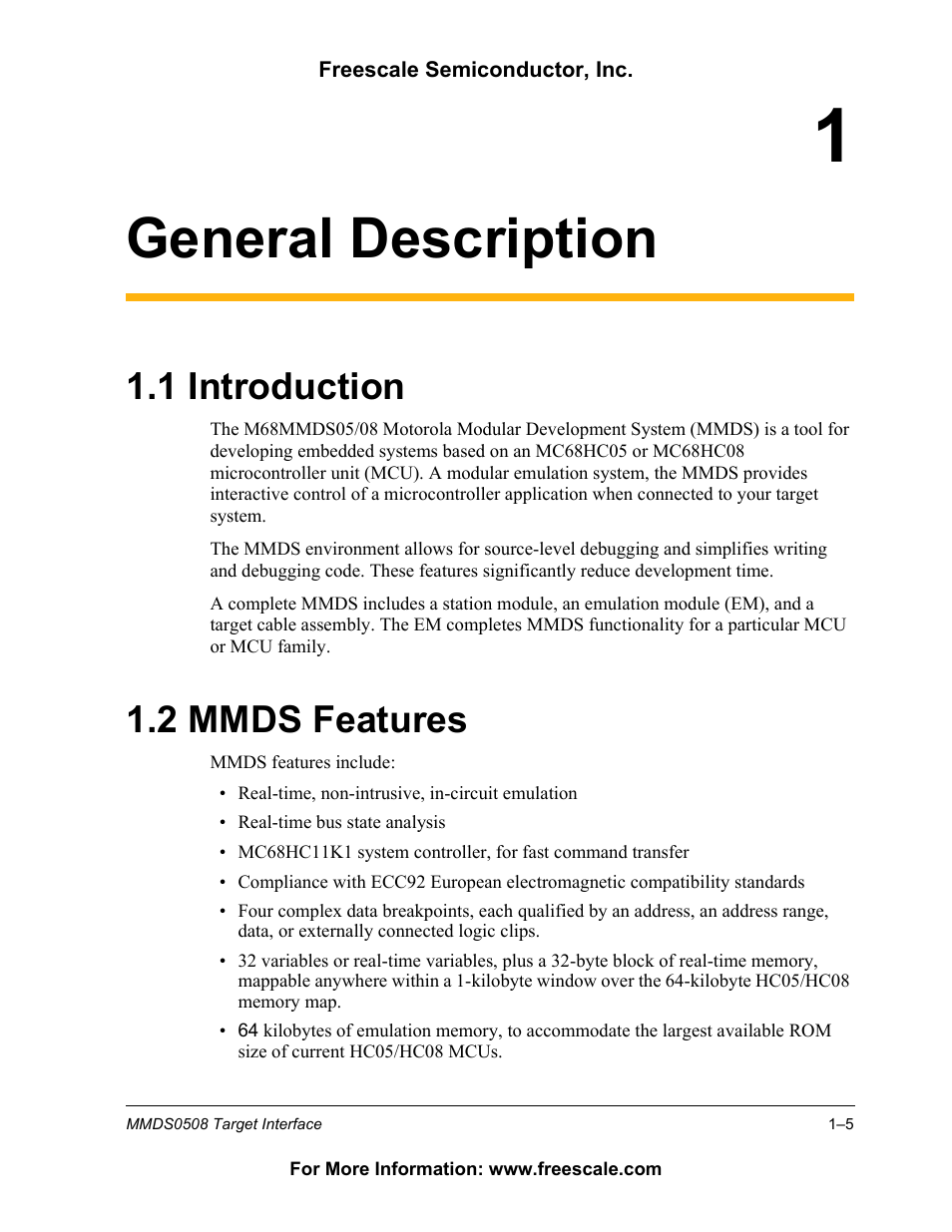 General description, 1 introduction, 2 mmds features | Introduction, Mmds features, 1 introduction, 2 mmds features | Freescale Semiconductor Target Interface MMDS0508 User Manual | Page 5 / 86