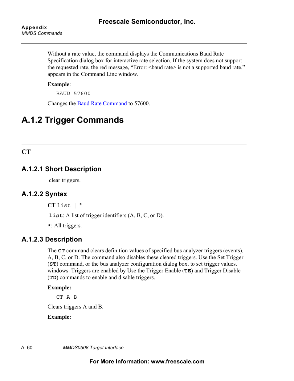 A.1.2 trigger commands, A.1.2, Trigger commands | A.1.2 trigger commands | Freescale Semiconductor Target Interface MMDS0508 User Manual | Page 60 / 86
