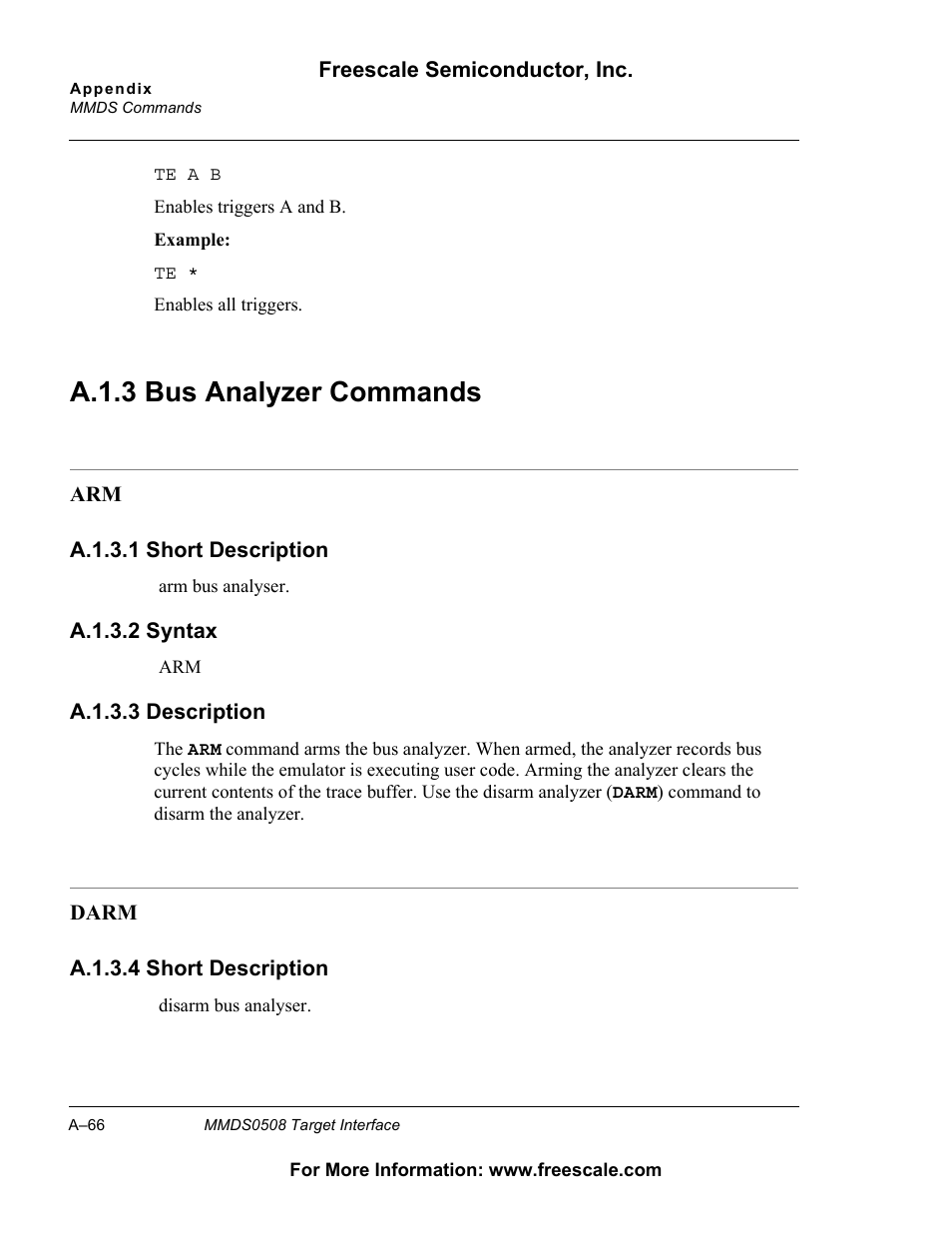 A.1.3 bus analyzer commands, A.1.3, Bus analyzer commands | A.1.3 bus analyzer commands | Freescale Semiconductor Target Interface MMDS0508 User Manual | Page 66 / 86