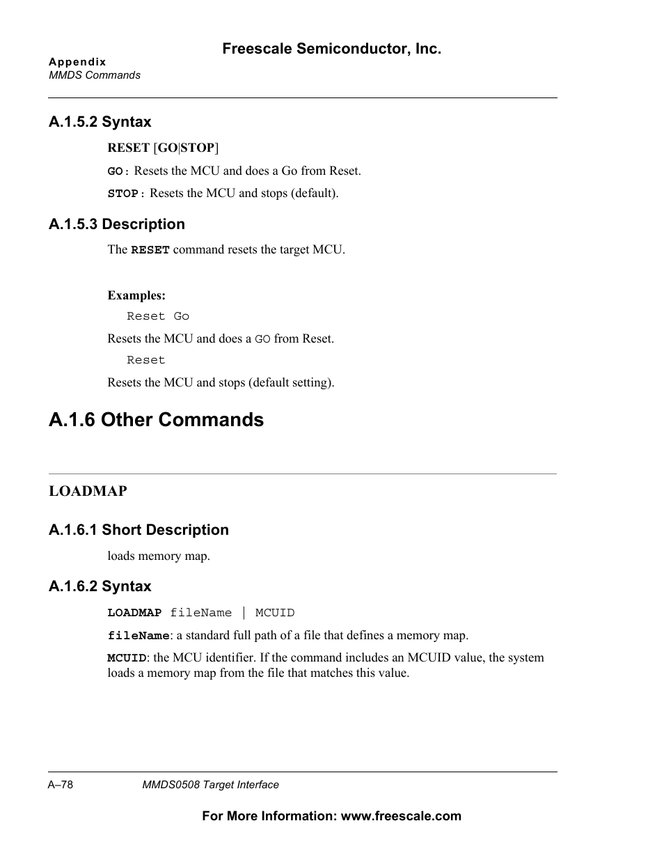 A.1.6 other commands, A.1.6, Other commands | A.1.6 other commands | Freescale Semiconductor Target Interface MMDS0508 User Manual | Page 78 / 86