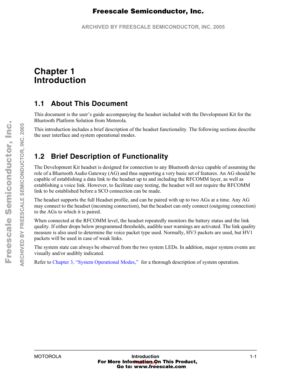 Chapter 1 introduction, 1 about this document, 2 brief description of functionality | About this document -1, Brief description of functionality -1 | Freescale Semiconductor MOTOROLA 94001480400/D User Manual | Page 5 / 16