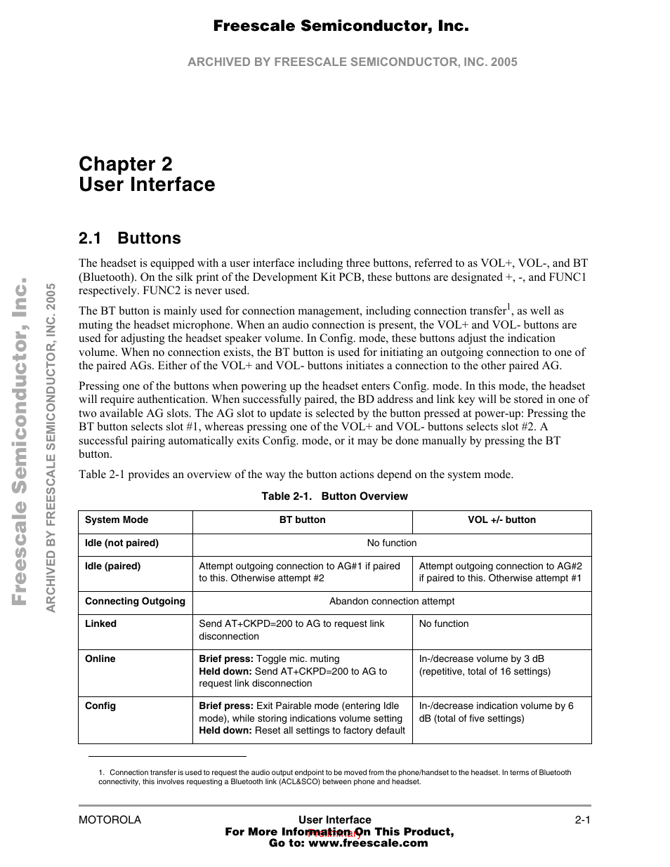 Chapter 2 user interface, 1 buttons, Buttons -1 | Freescale Semiconductor MOTOROLA 94001480400/D User Manual | Page 7 / 16