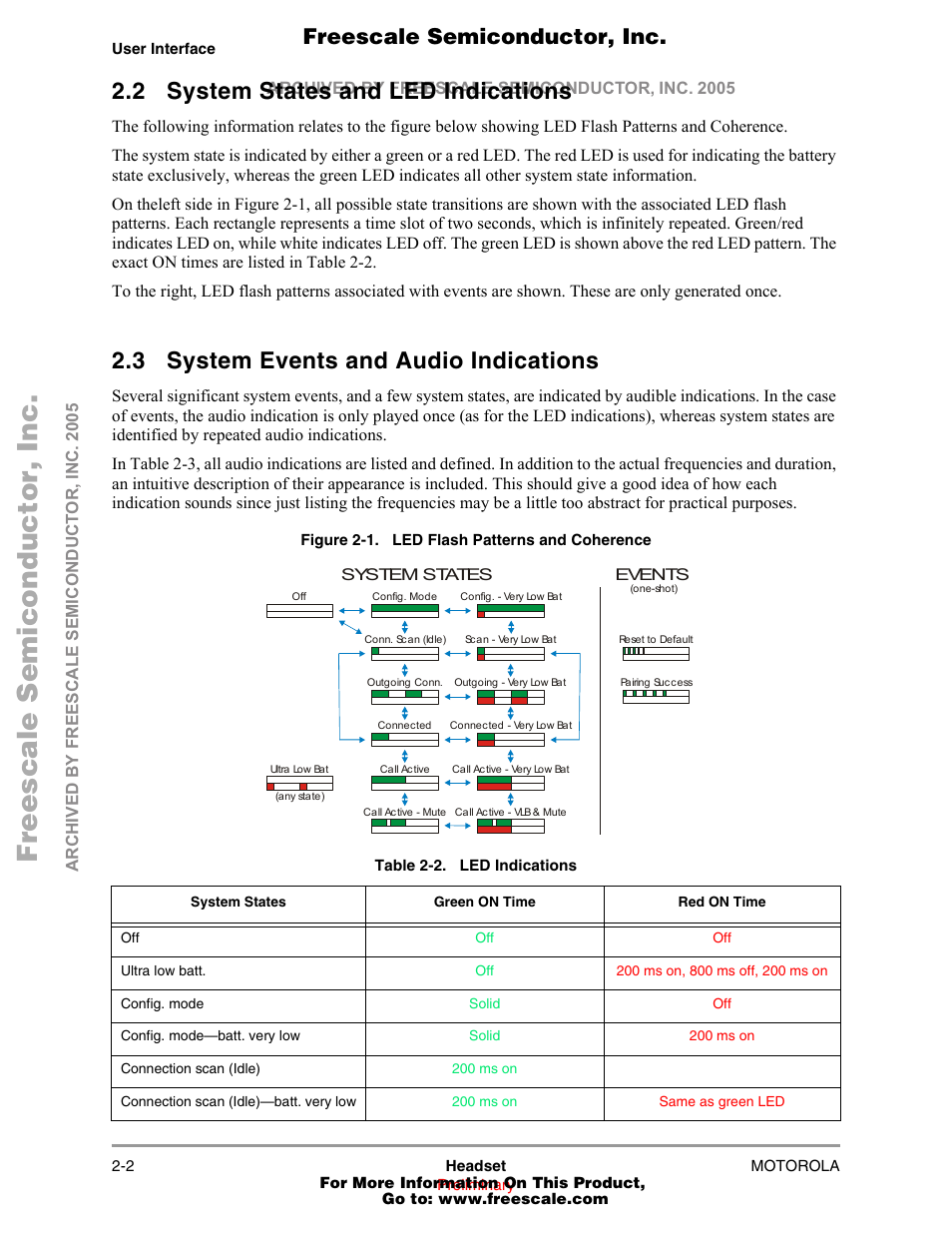 2 system states and led indications, 3 system events and audio indications, System states and led indications -2 | System events and audio indications -2 | Freescale Semiconductor MOTOROLA 94001480400/D User Manual | Page 8 / 16