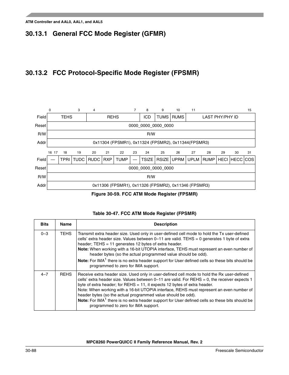 1 general fcc mode register (gfmr), 2 fcc protocol-specific mode register (fpsmr), Figure 30-59. fcc atm mode register (fpsmr) | General fcc mode register (gfmr) -88, Fcc protocol-specific mode register (fpsmr) -88, Fcc atm mode register (fpsmr) -88, Section 30.13.2, “fcc, Protocol-specific mode register (fpsmr) | Freescale Semiconductor MPC8260 User Manual | Page 1008 / 1360