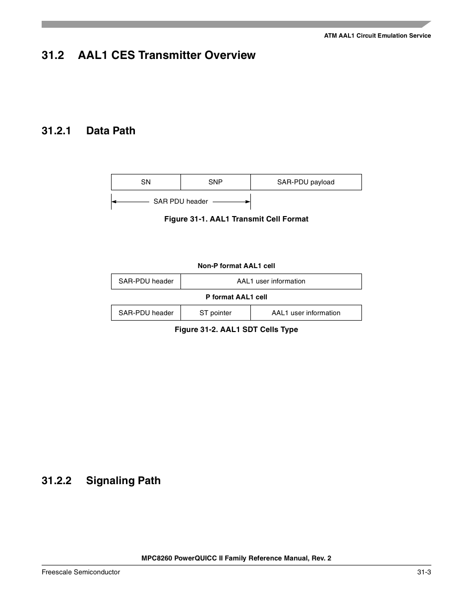 2 aal1 ces transmitter overview, 1 data path, Figure 31-1. aal1 transmit cell format | Figure 31-2. aal1 sdt cells type, 2 signaling path, Aal1 ces transmitter overview -3, Data path -3, Signaling path -3, Aal1 transmit cell format -3, Aal1 sdt cells type -3 | Freescale Semiconductor MPC8260 User Manual | Page 1019 / 1360