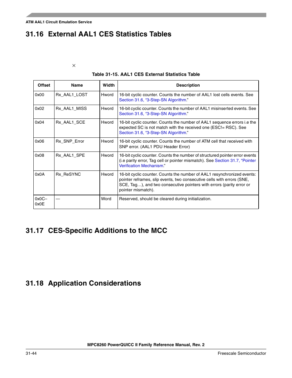 16 external aal1 ces statistics tables, Table 31-15. aal1 ces external statistics table, 17 ces-specific additions to the mcc | 18 application considerations, External aal1 ces statistics tables -44, Ces-specific additions to the mcc -44, Application considerations -44, Aal1 ces external statistics table -44 | Freescale Semiconductor MPC8260 User Manual | Page 1060 / 1360