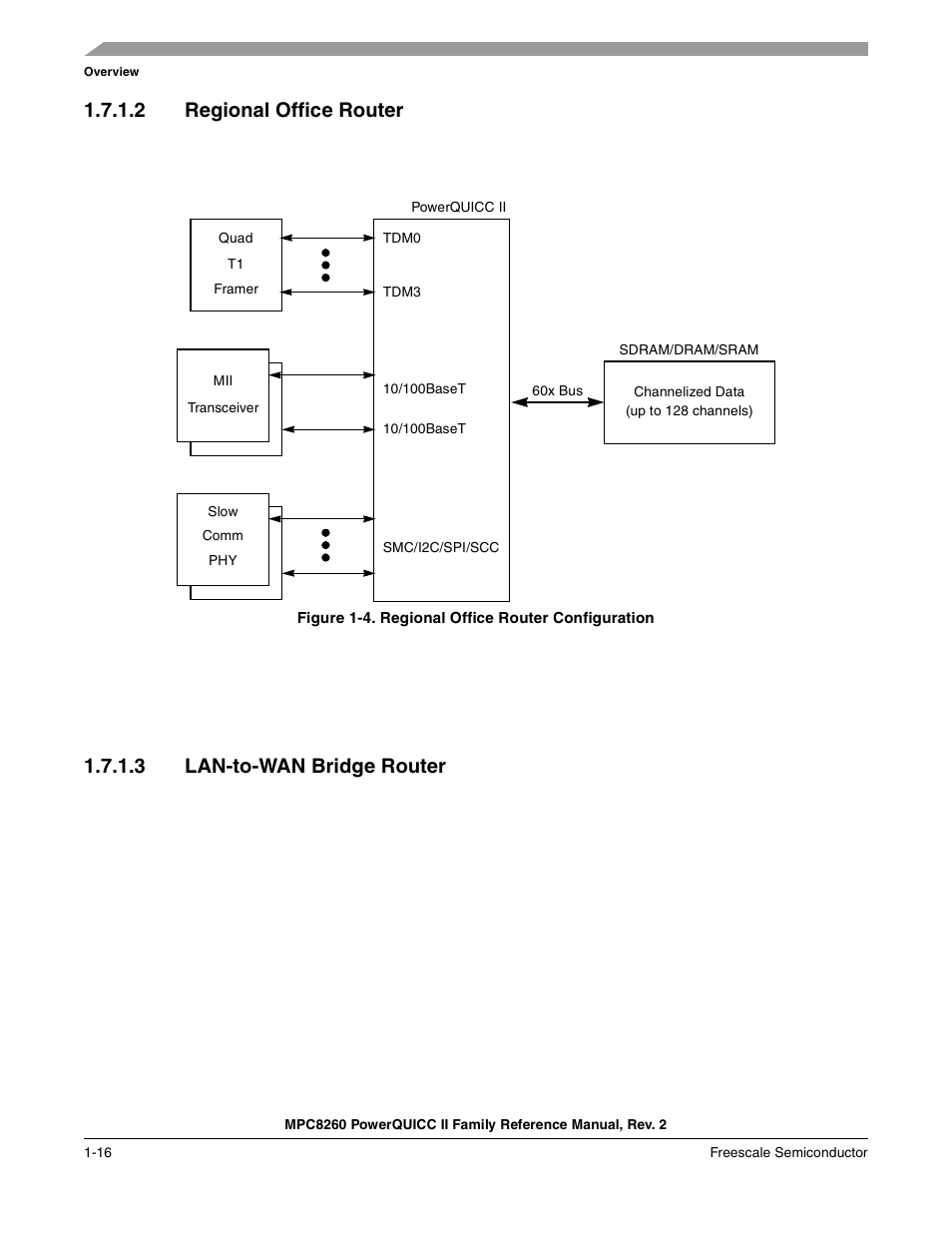 2 regional office router, Figure 1-4. regional office router configuration, 3 lan-to-wan bridge router | Regional office router -16, Lan-to-wan bridge router -16, Regional office router configuration -16, Section 1.7.1.2, “regional office router, Section 1.7.1.3, “lan-to-wan bridge router | Freescale Semiconductor MPC8260 User Manual | Page 110 / 1360