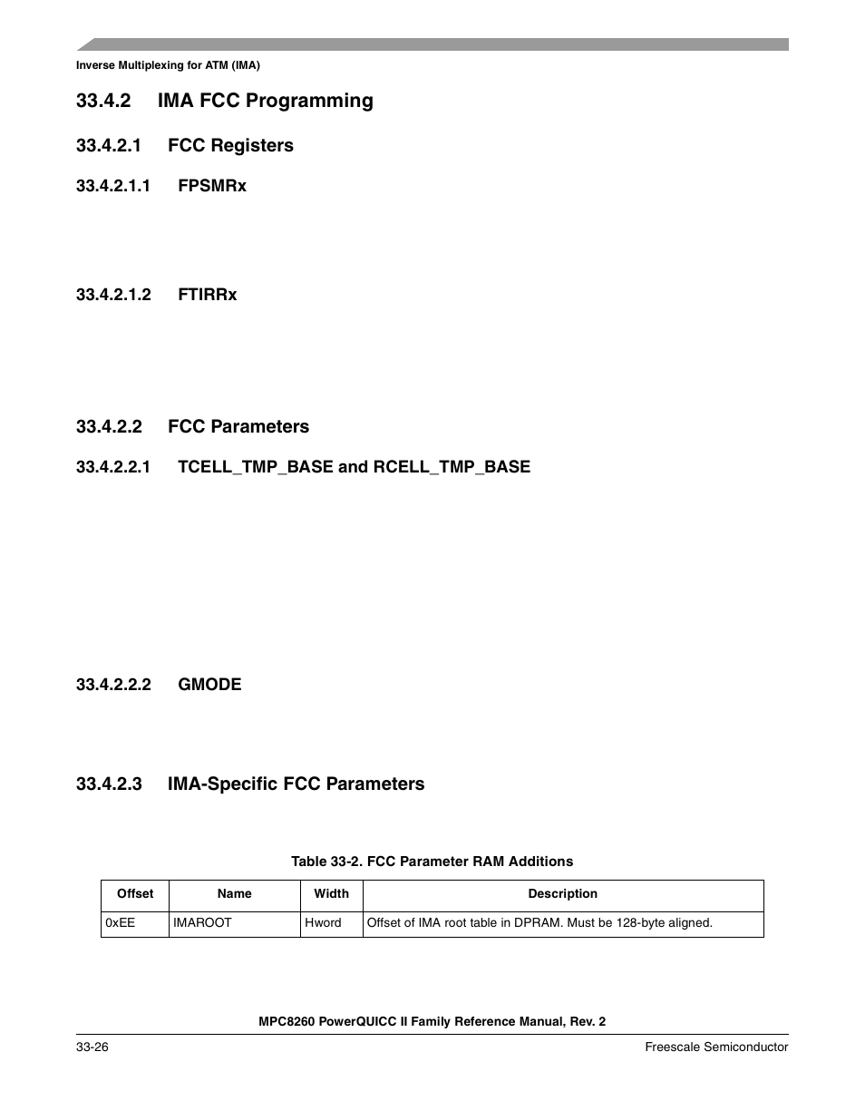 2 ima fcc programming, 1 fcc registers, 1 fpsmrx | 2 ftirrx, 2 fcc parameters, 1 tcell_tmp_base and rcell_tmp_base, 2 gmode, 3 ima-specific fcc parameters, Table 33-2. fcc parameter ram additions, Ima fcc programming -26 | Freescale Semiconductor MPC8260 User Manual | Page 1128 / 1360