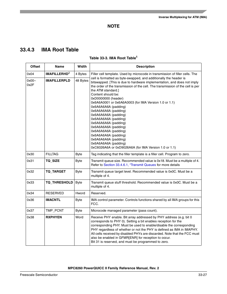 3 ima root table, Table 33-3. ima root table (continued), Ima root table -27 | Freescale Semiconductor MPC8260 User Manual | Page 1129 / 1360