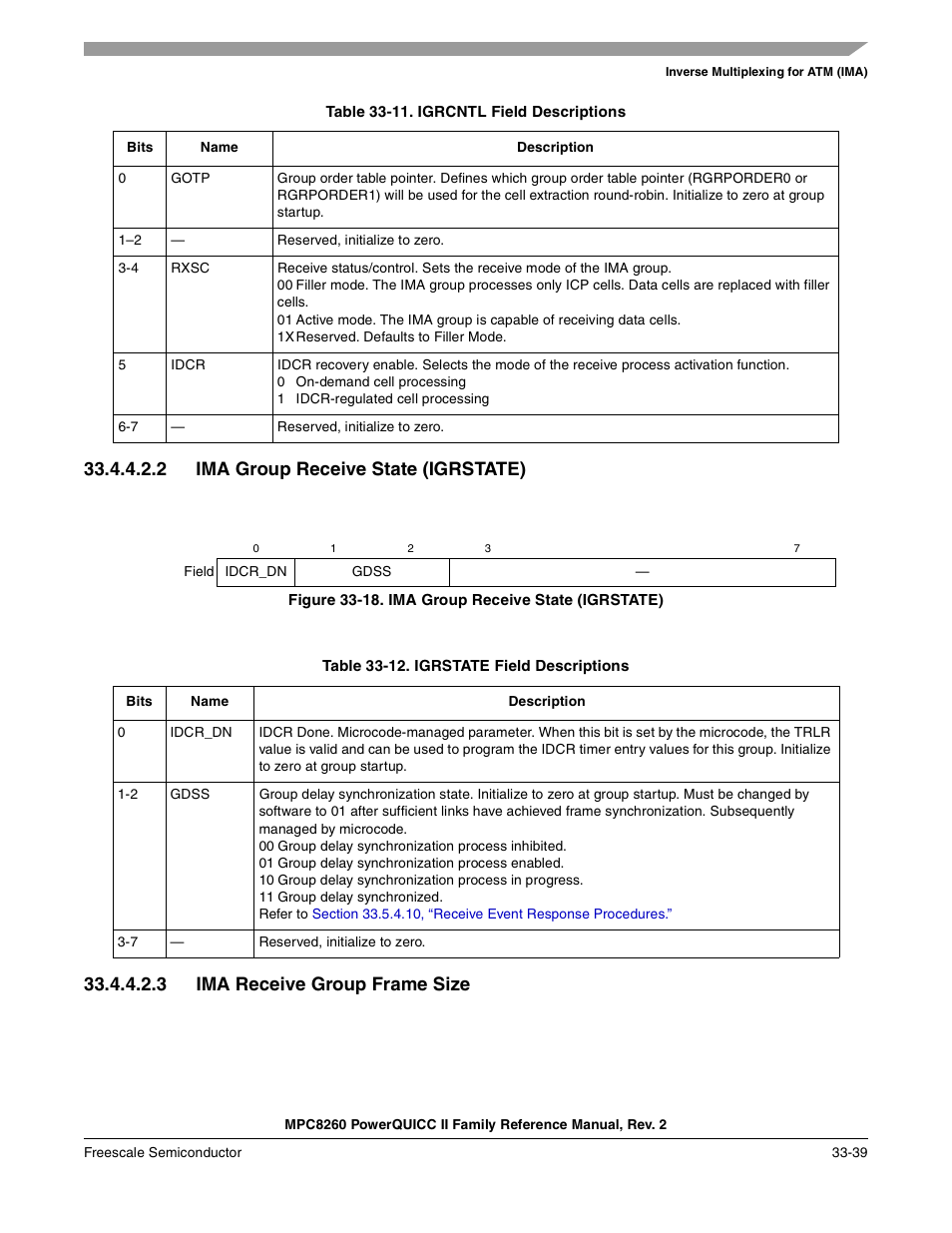 Table 33-11. igrcntl field descriptions, 2 ima group receive state (igrstate), Figure 33-18. ima group receive state (igrstate) | Table 33-12. igrstate field descriptions, 3 ima receive group frame size, Ima group receive state (igrstate) -39, Ima receive group frame size -39, Igrcntl field descriptions -39, Igrstate field descriptions -39, Table 33-11 | Freescale Semiconductor MPC8260 User Manual | Page 1141 / 1360