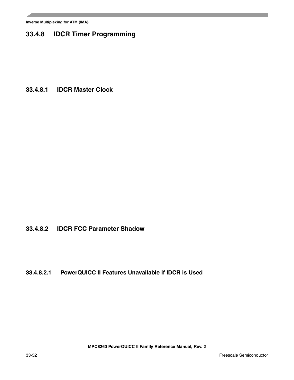 8 idcr timer programming, 1 idcr master clock, 2 idcr fcc parameter shadow | Idcr timer programming -52, Idcr master clock -52, Idcr fcc parameter shadow -52, Section 33.4.8.2, “idcr fcc parameter shadow | Freescale Semiconductor MPC8260 User Manual | Page 1154 / 1360