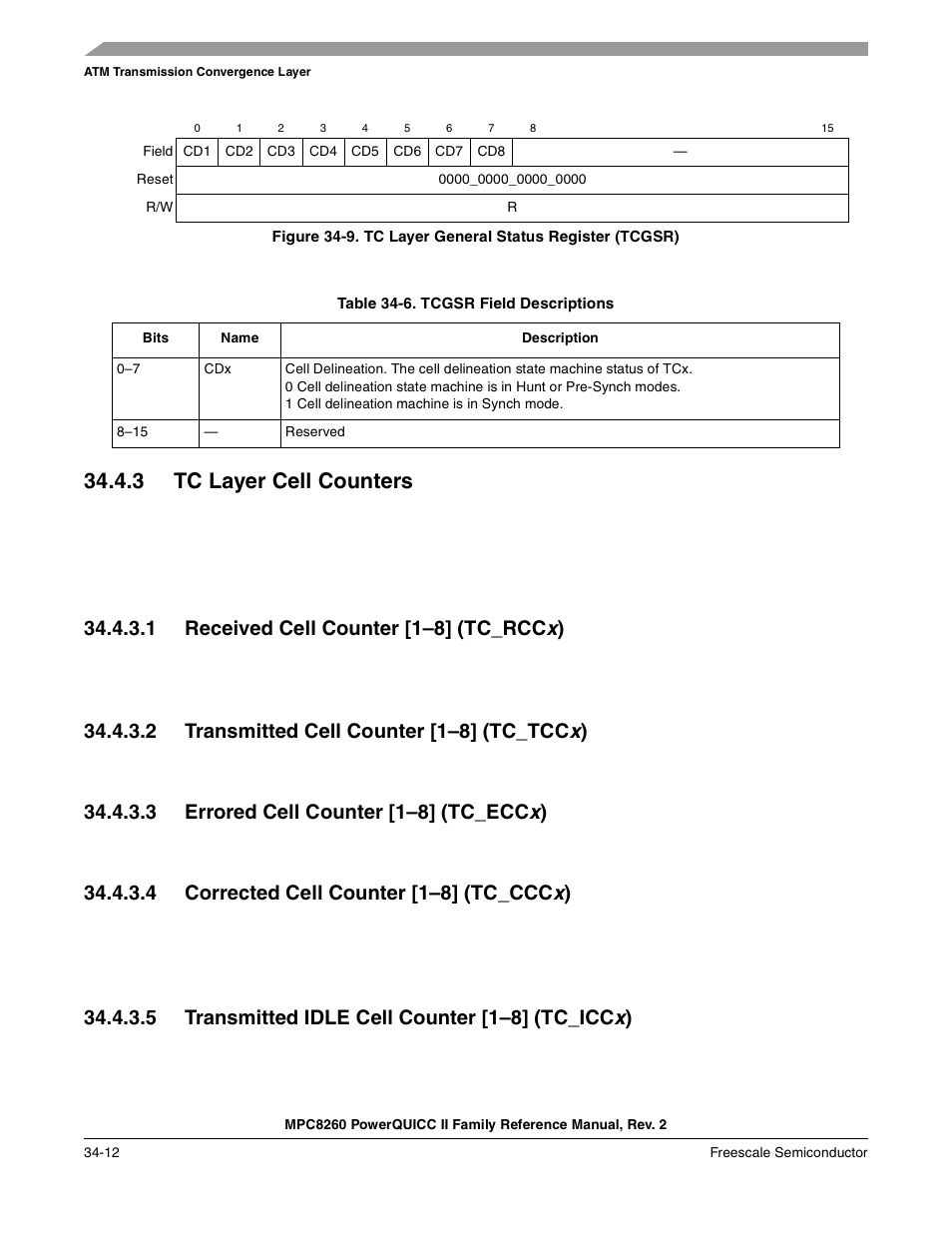 Table 34-6. tcgsr field descriptions, 3 tc layer cell counters, 1 received cell counter [1-8] (tc_rccx) | 2 transmitted cell counter [1-8] (tc_tccx), 3 errored cell counter [1-8] (tc_eccx), 4 corrected cell counter [1-8] (tc_cccx), 5 transmitted idle cell counter [1-8] (tc_iccx), Tc layer cell counters -12, Received cell counter [1–8] (tc_rccx) -12, Transmitted cell counter [1–8] (tc_tccx) -12 | Freescale Semiconductor MPC8260 User Manual | Page 1190 / 1360