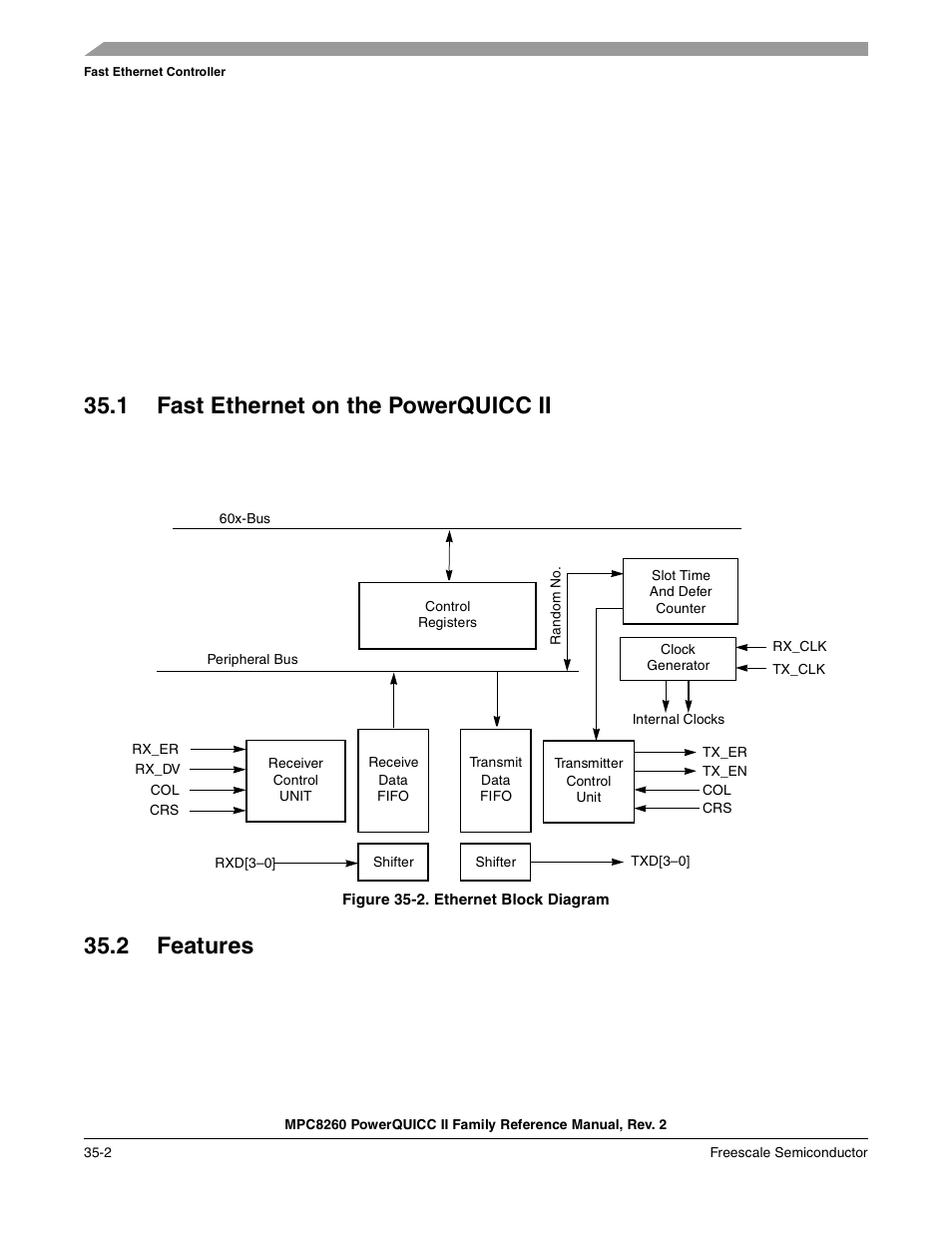 1 fast ethernet on the powerquicc ii, Figure 35-2. ethernet block diagram, 2 features | Fast ethernet on the powerquicc ii -2, Features -2, Ethernet block diagram -2 | Freescale Semiconductor MPC8260 User Manual | Page 1198 / 1360