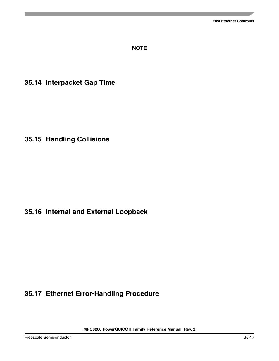 14 interpacket gap time, 15 handling collisions, 16 internal and external loopback | 17 ethernet error-handling procedure, Interpacket gap time -17, Handling collisions -17, Internal and external loopback -17, Ethernet error-handling procedure -17 | Freescale Semiconductor MPC8260 User Manual | Page 1213 / 1360